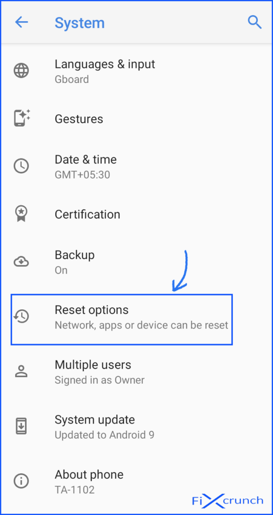 Reset Options on android
