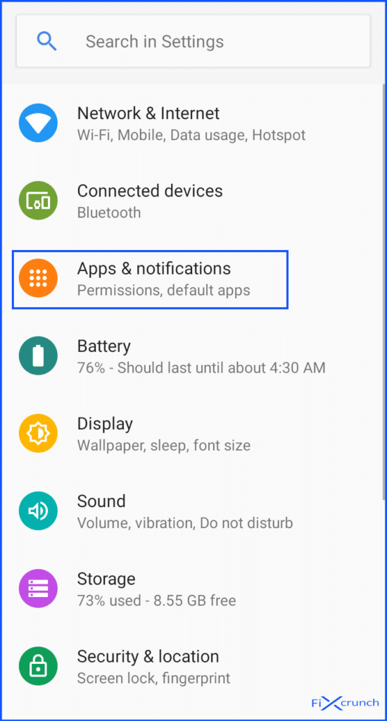 Apps section on android settings