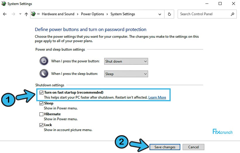 power settings Turn On fast startup