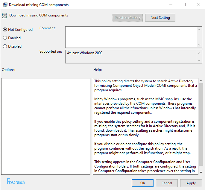 select not configured in Download missing COM components