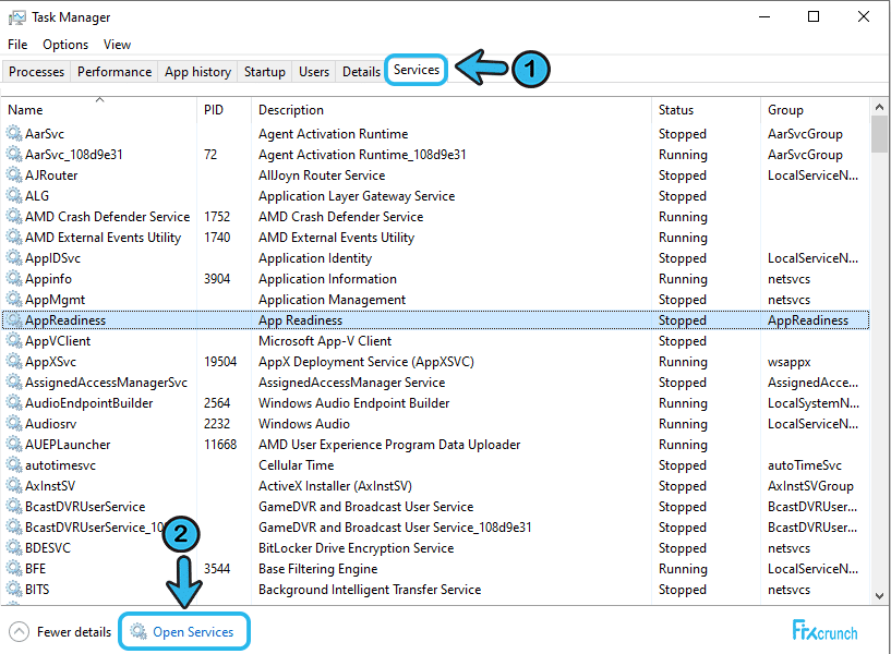 Open Services using task manager