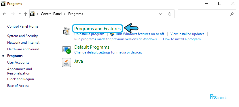 Programs and Features in windows