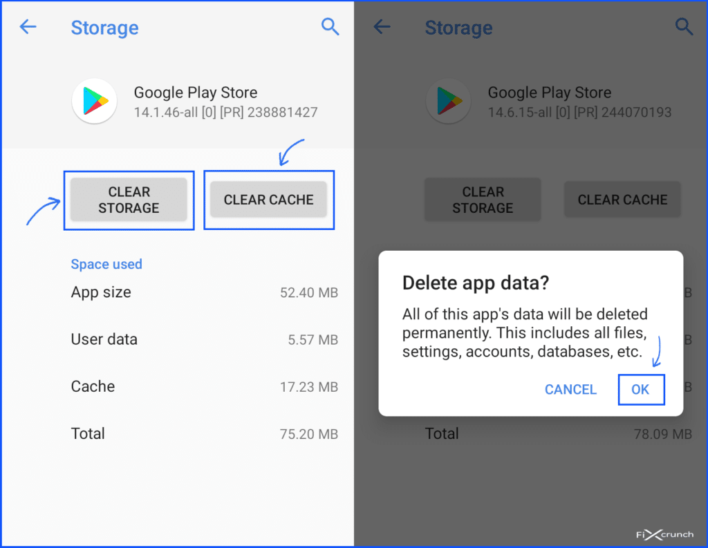 Clear Cache & Clear Storage on play store