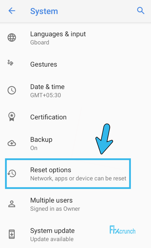 Reset Options on android