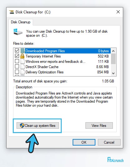 Clean up system files option in disk cleanup