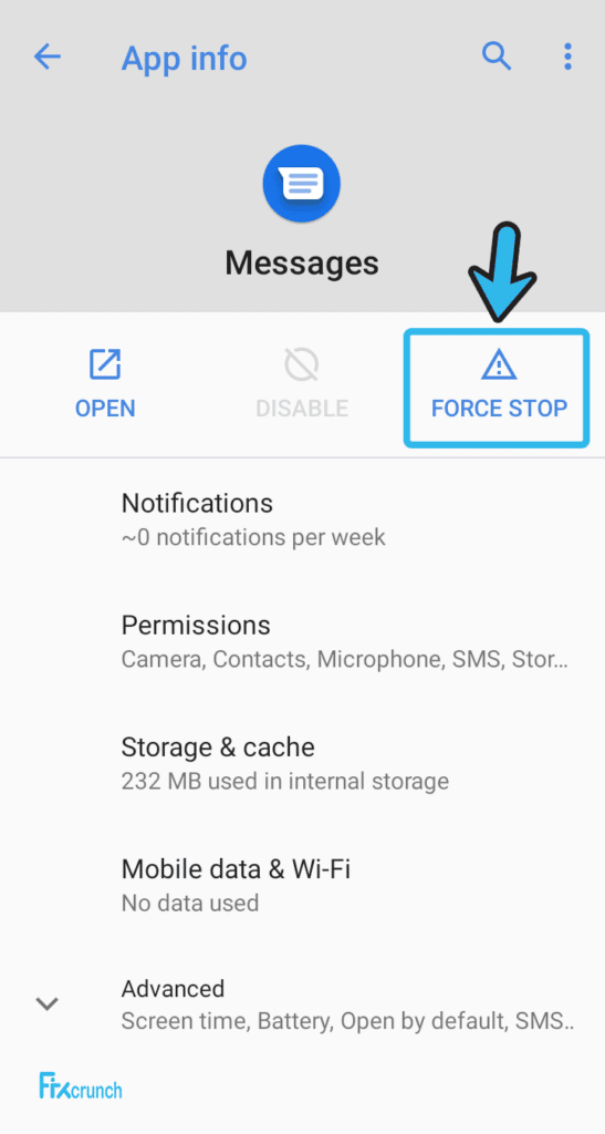 Messages App force stop