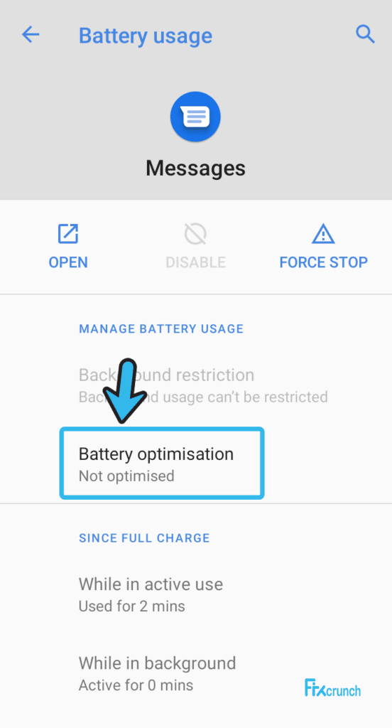 set Messages App battery don't optimize